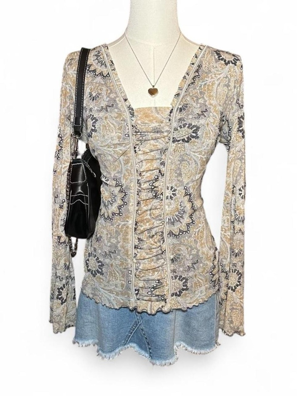 Axcess Paisley Lace-Up Long Sleeve Top in Cream & Gray Boho Cottagecore Prairie